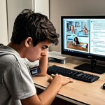 **

A student looking stressed and overwhelmed in front of a computer screen, surrounded by distractions like a phone with social media notifications, a TV remote, and an open refrigerator. The scene should depict the challenges of staying focused while learning online, highlighting the themes of isolation and procrastination. Consider a muted color palette to emphasize the feeling of being overwhelmed.

**