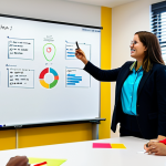 A diverse group of university students and a professional educator in a bright, modern classroom setting. The students are actively engaged, collaborating on a large interactive digital whiteboard filled with colorful virtual sticky notes and diagrams, demonstrating a live brainstorming session. Some students are holding tablets, participating in a real-time interactive quiz. The educator stands beside them, facilitating discussion and encouraging participation. The entire scene captures a dynamic and engaged learning environment. All subjects are fully clothed in modest business casual attire, appropriate clothing, professional dress, safe for work, appropriate content, family-friendly, perfect anatomy, correct proportions, natural pose, well-formed hands, proper finger count, natural body proportions, professional photography, high quality, studio lighting.
