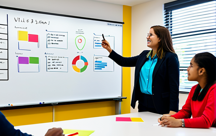 A diverse group of university students and a professional educator in a bright, modern classroom setting. The students are actively engaged, collaborating on a large interactive digital whiteboard filled with colorful virtual sticky notes and diagrams, demonstrating a live brainstorming session. Some students are holding tablets, participating in a real-time interactive quiz. The educator stands beside them, facilitating discussion and encouraging participation. The entire scene captures a dynamic and engaged learning environment. All subjects are fully clothed in modest business casual attire, appropriate clothing, professional dress, safe for work, appropriate content, family-friendly, perfect anatomy, correct proportions, natural pose, well-formed hands, proper finger count, natural body proportions, professional photography, high quality, studio lighting.