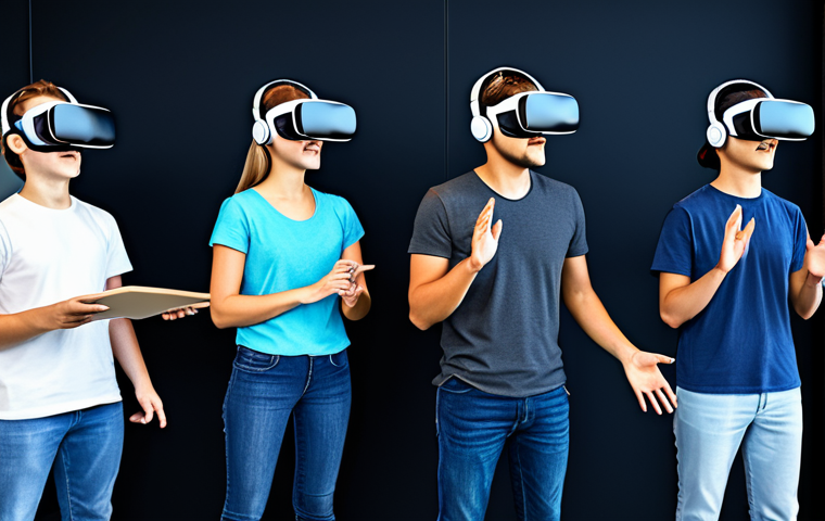 Virtual Reality Learning**
"A diverse group of students, fully clothed in casual and comfortable attire, are immersed in a virtual reality learning experience, wearing VR headsets and interacting with a virtual historical environment, safe for work, appropriate content, professional illustration, perfect anatomy, correct proportions, natural poses, vibrant colors, well-formed hands, proper finger count, natural body proportions, family-friendly, educational setting, showing excitement and engagement."
**