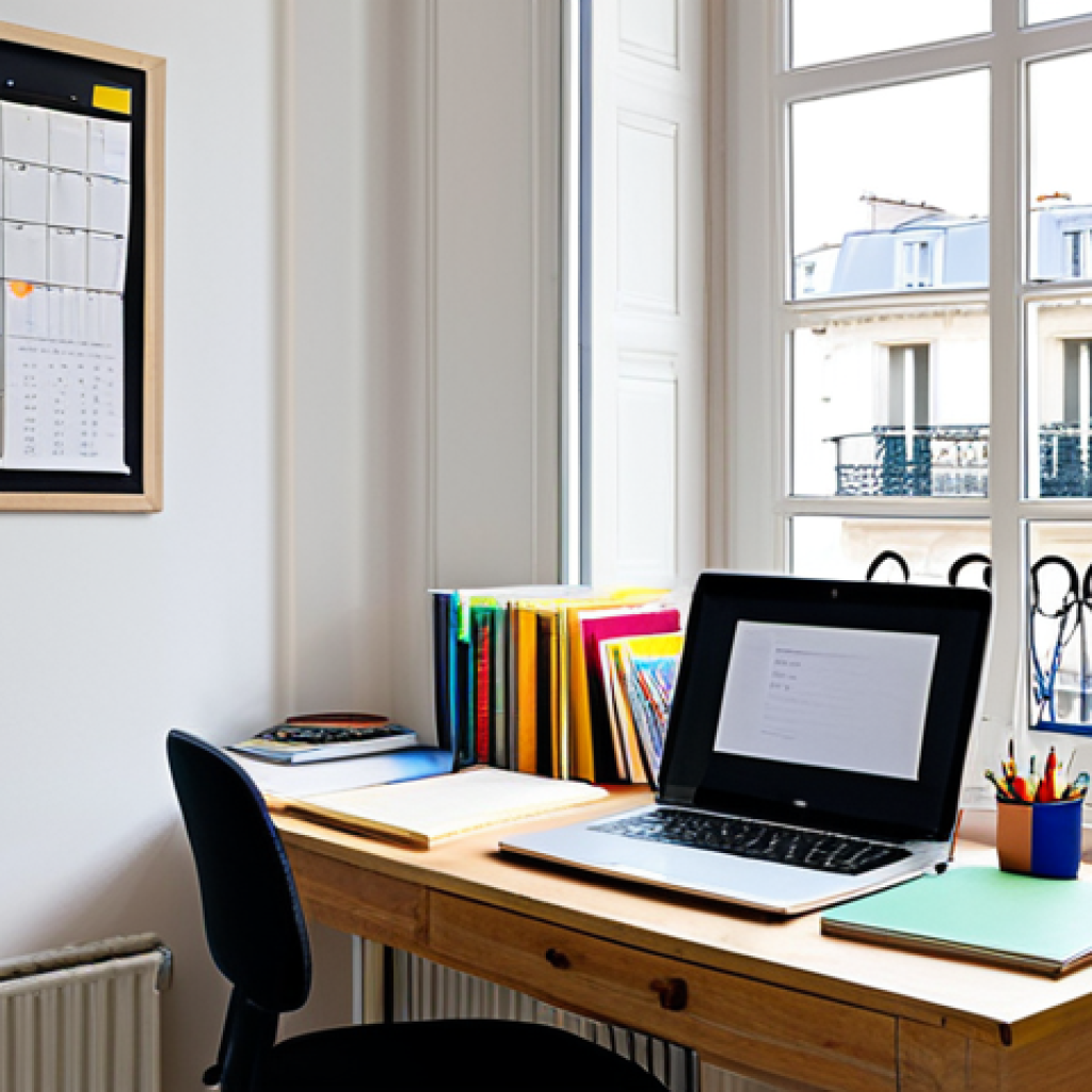 Organized Study Space**
"A bright and tidy "coin bureau" (study corner) in a Parisian apartment, featuring a neatly organized desk with a laptop, textbooks, and colorful stationery. A bulletin board displays a calendar with color-coded classes and extracurricular activities. Natural light streams in from a window overlooking a typical Parisian street scene. The student is fully clothed in comfortable, casual attire. Safe for work, appropriate content, fully clothed, professional, modest, family-friendly, perfect anatomy, correct proportions, natural pose, well-formed hands, proper finger count, natural body proportions, high quality."
**