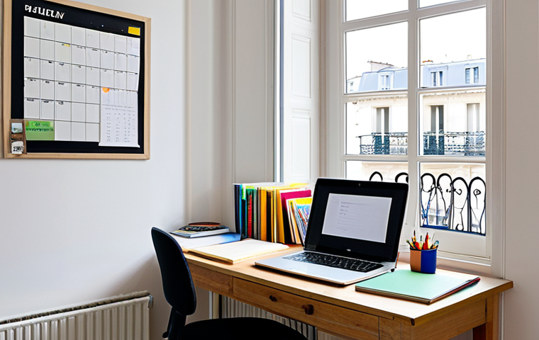 Organized Study Space**
"A bright and tidy "coin bureau" (study corner) in a Parisian apartment, featuring a neatly organized desk with a laptop, textbooks, and colorful stationery. A bulletin board displays a calendar with color-coded classes and extracurricular activities. Natural light streams in from a window overlooking a typical Parisian street scene. The student is fully clothed in comfortable, casual attire. Safe for work, appropriate content, fully clothed, professional, modest, family-friendly, perfect anatomy, correct proportions, natural pose, well-formed hands, proper finger count, natural body proportions, high quality."
**