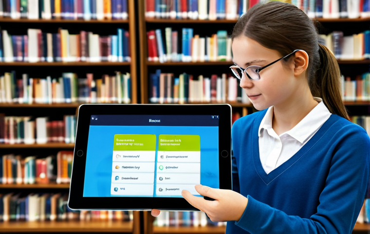 디지털 교육에서의 자기 평가 기법 - Interactive Quiz**
"A student is enthusiastically engaging with an interactive quiz on a tablet dev...