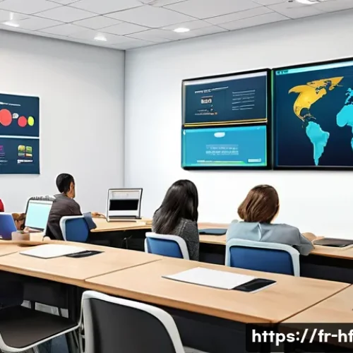 Home 32 온라인 강의의 재미 요소 추가하기 - A modern virtual classroom scene featuring diverse adult learners engaging actively with a large int...