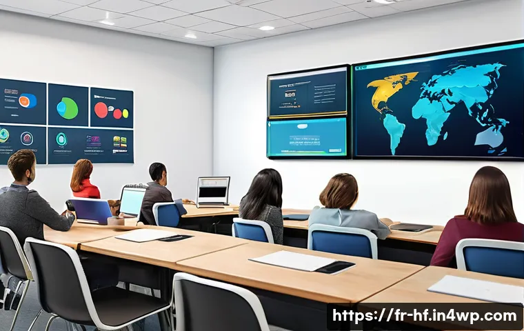 온라인 강의의 재미 요소 추가하기 - A modern virtual classroom scene featuring diverse adult learners engaging actively with a large int...