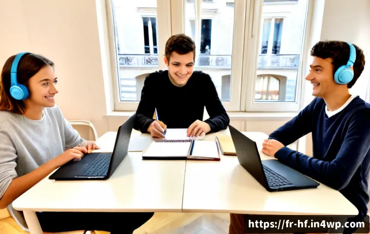 온라인 강의에서의 협동 학습 촉진하기 - Photorealistic online collaborative learning scene in a bright Paris apartment study room, four dive...